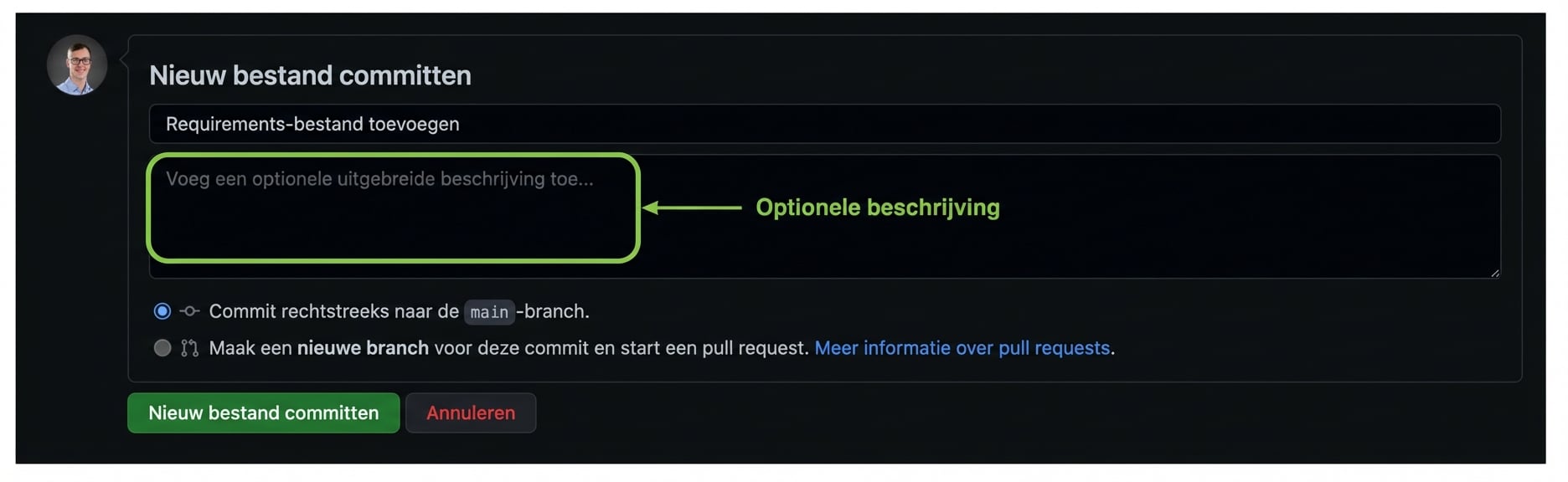 Optioneel tekstvak voor uitgebreide beschrijving leeg gelaten