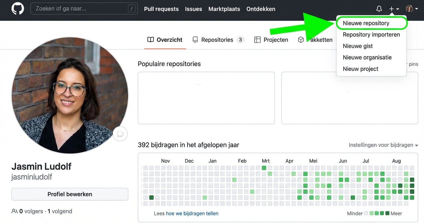 GitHub-profielweergave met een groene pijl naar de optie Nieuwe repository in een vervolgkeuzemenu.