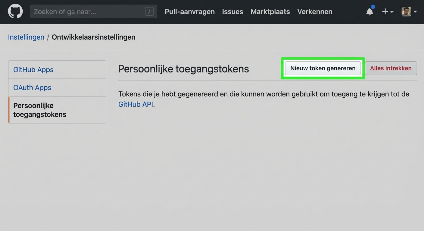 Sectie Personal access tokens met een knop Generate new token
