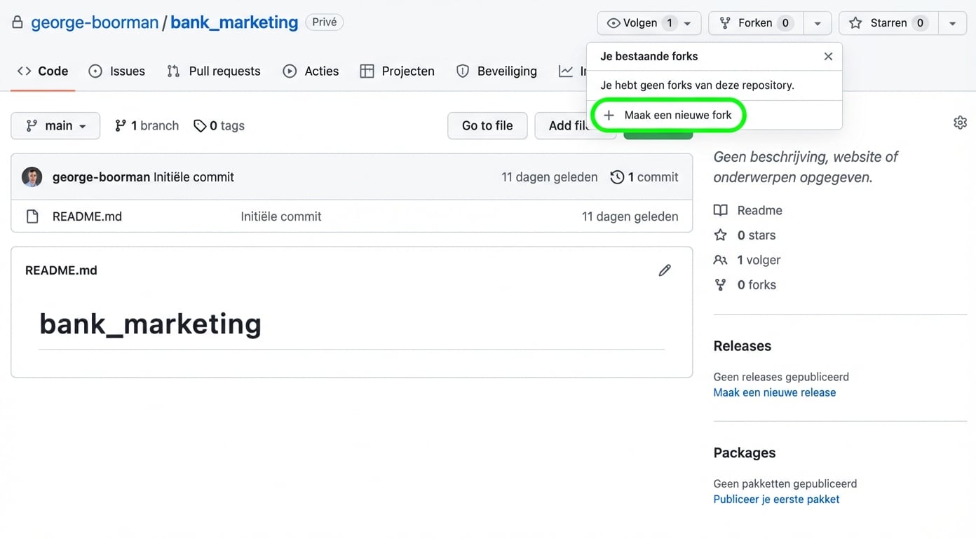 Screenshot van de hoofdpagina van de private bank‑marketingrepo van George Boorman met het dropdownmenu van de knop Fork zichtbaar en de knop Create new fork gemarkeerd
