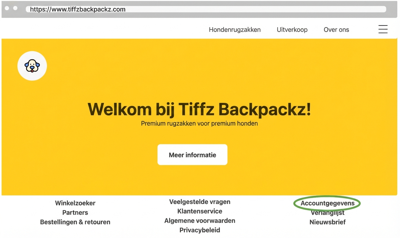 Tiffz Backpackz Accountgegevens op de landingspagina