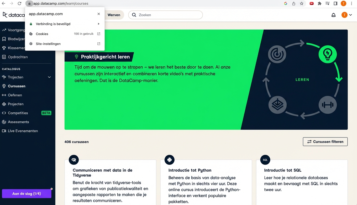 HTTPS-voorbeeld op de landingspagina van DataCamp