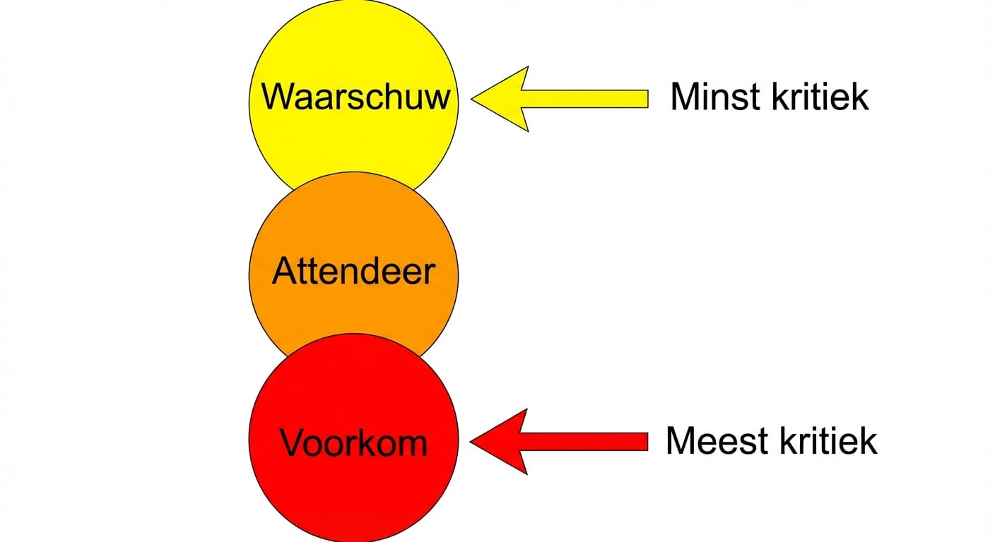 weergave van drie niveaus van alarmeringsdrempels: geel is waarschuwing voor minst kritisch, oranje is alert, rood is blokkeren voor meest kritisch