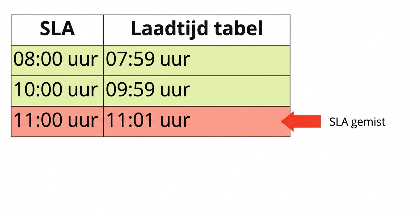 tabel met voorbeeld van tijdigheid met SLA's en laadtijden van tabellen