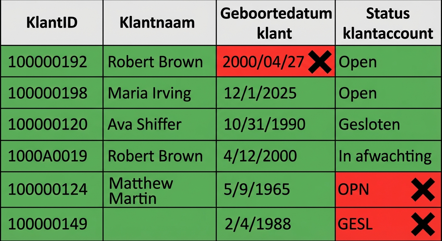 tabel met validiteitsregel voor datakwaliteit