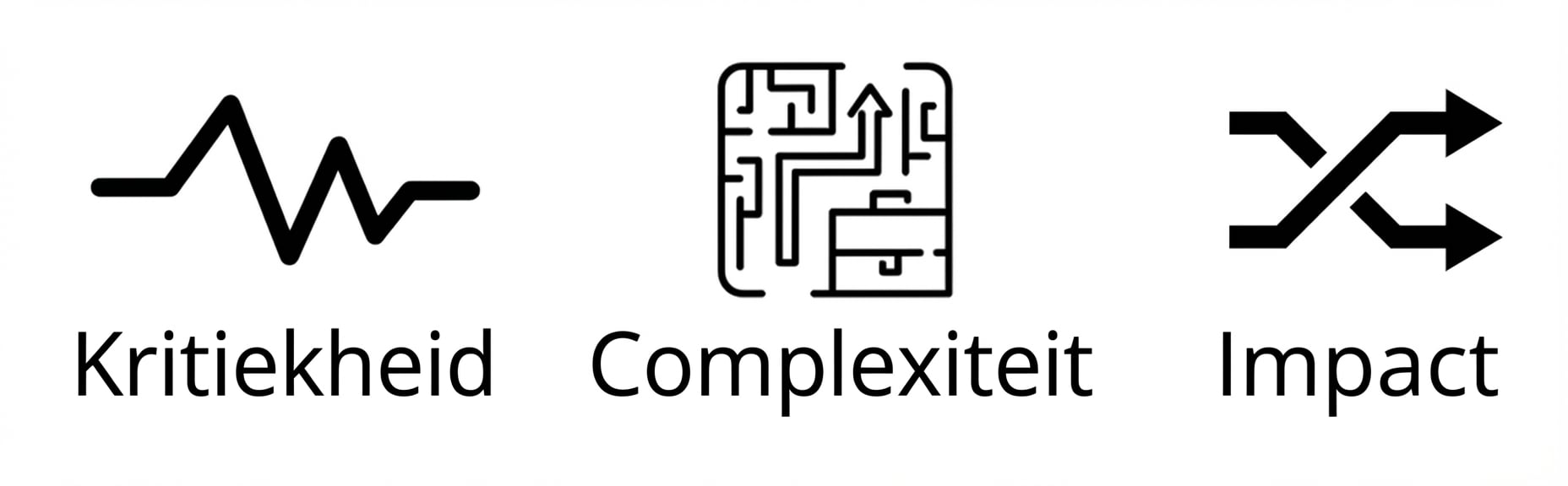 drie afbeeldingen: hartslag voor criticaliteit, een puzzel voor complexiteit en twee verstrengelde pijlen voor impact