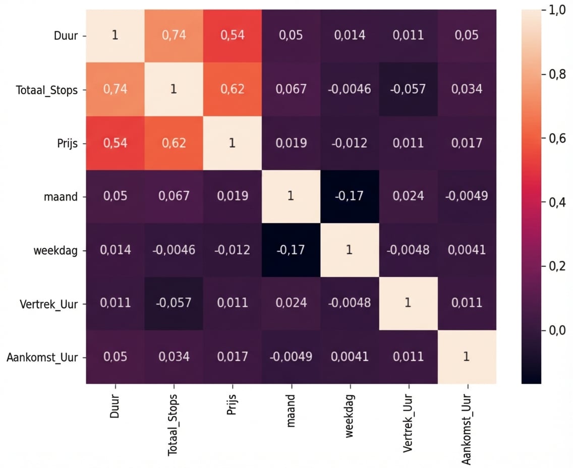 Heatmap zonder relatie tussen datetime-kenmerken en prijs