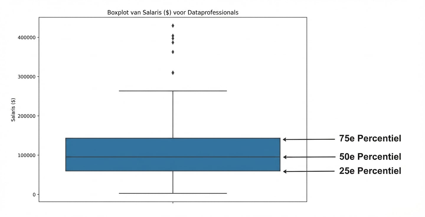 Boxplot van salarissen van dataprofessionals, met het 25e percentiel onderaan de box, het 50e percentiel als middenlijn en het 75e percentiel bovenaan