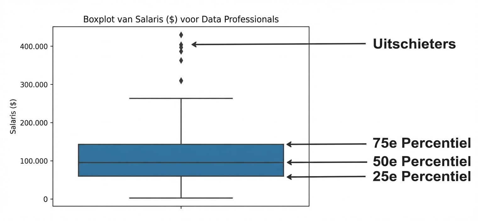Boxplot van salarissen voor dataprofessionals, met het 25e percentiel onderaan de box, het 50e percentiel als middenlijn, het 75e percentiel bovenaan de box en uitschieters als ruiten buiten de box