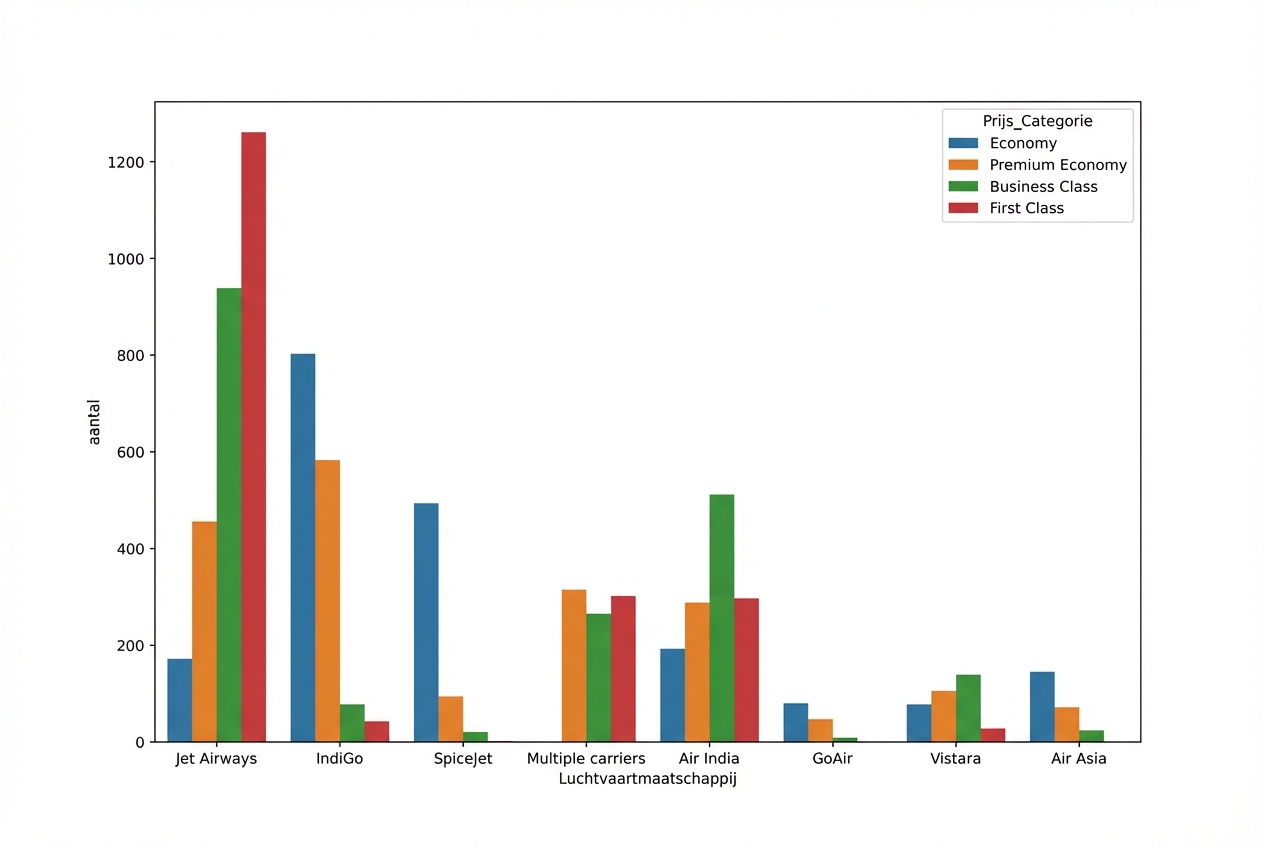 Countplot met aantal vluchten per maatschappij per prijscategorie; Jet Airways heeft de meeste First Class-tickets
