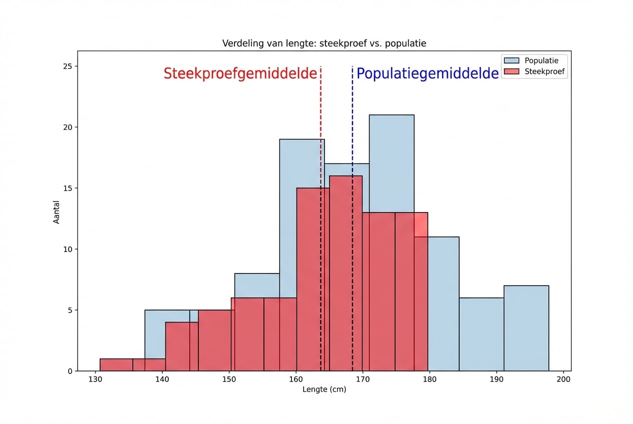 Steekproef vs. populatie lengtedistributie; steekproef heeft lagere maximum en gemiddelde