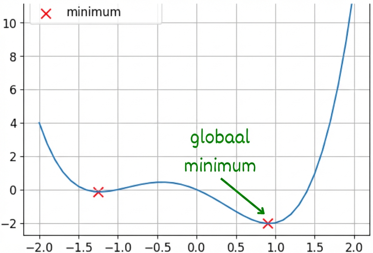 een voorbeeld van een niet-convexe functie met globaal minimum gemarkeerd