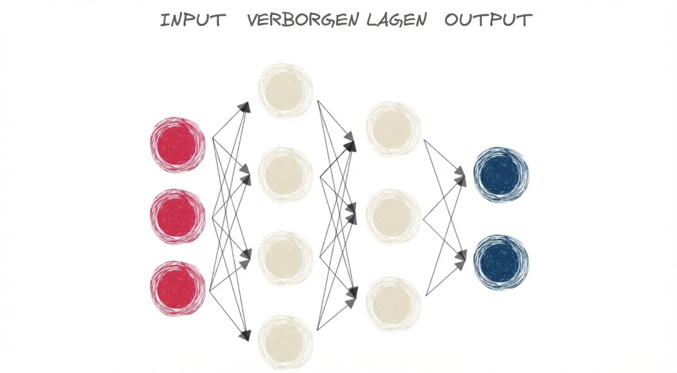 Een neuraal netwerk met input, verborgen laag en output