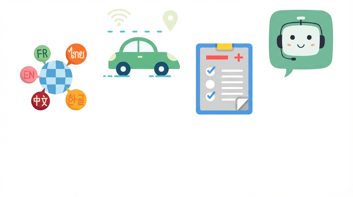 Illustratie met meerdere talen rond een wereldbol, een zelfrijdende auto en medische diagnose
