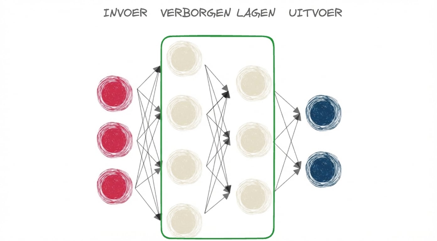 Een neuraal netwerk met input, verborgen laag en output