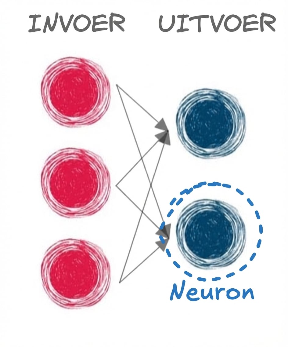Een illustratie van een input- en outputlaag met pijlen tussen de lagen en een cirkel om één outputneuron