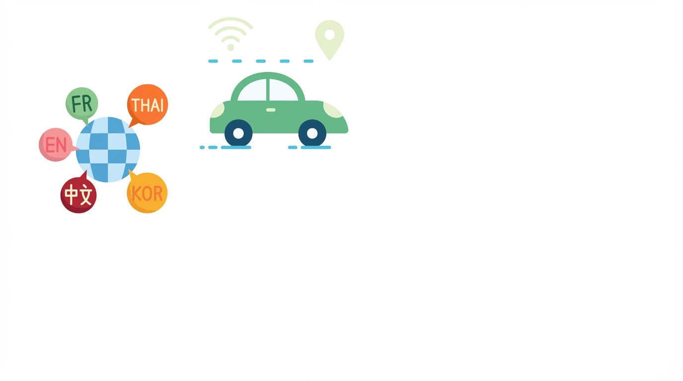 Illustratie met meerdere talen rond een wereldbol en een zelfrijdende auto