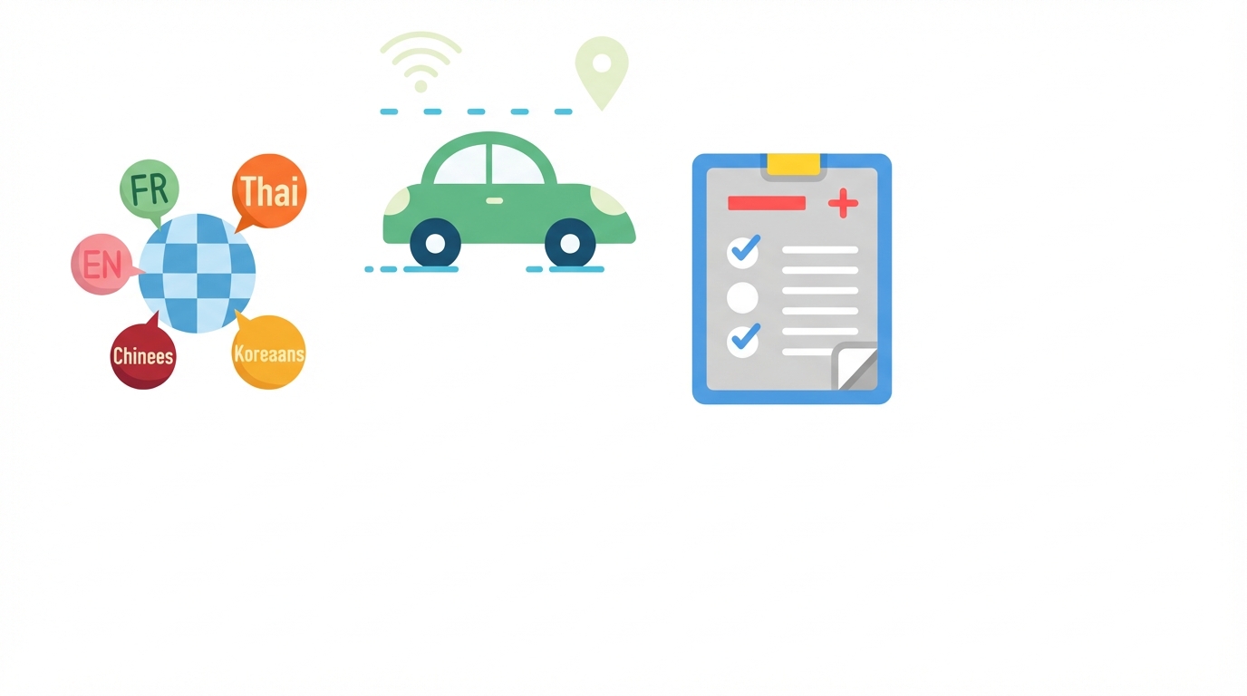 Illustratie met meerdere talen rond een wereldbol, een zelfrijdende auto en medische diagnose