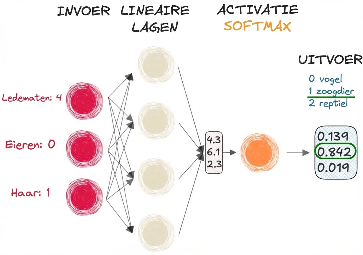 Diagram van een deel van een neuraal netwerk met inputs, een vector als output naar de lineaire lagen, een softmax-activatiefunctie en een output