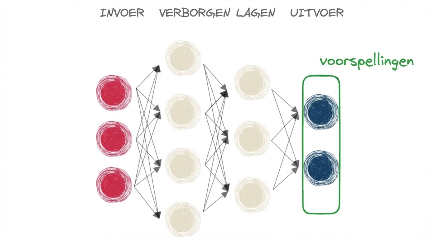 Een neuraal netwerk met input, verborgen laag en output