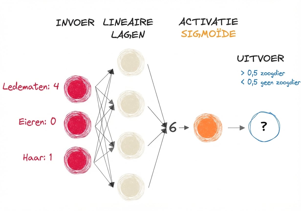 Diagram van een deel van een neuraal netwerk met inputs, het getal 6 als output naar de lineaire lagen, een sigmoid-activatiefunctie en een output