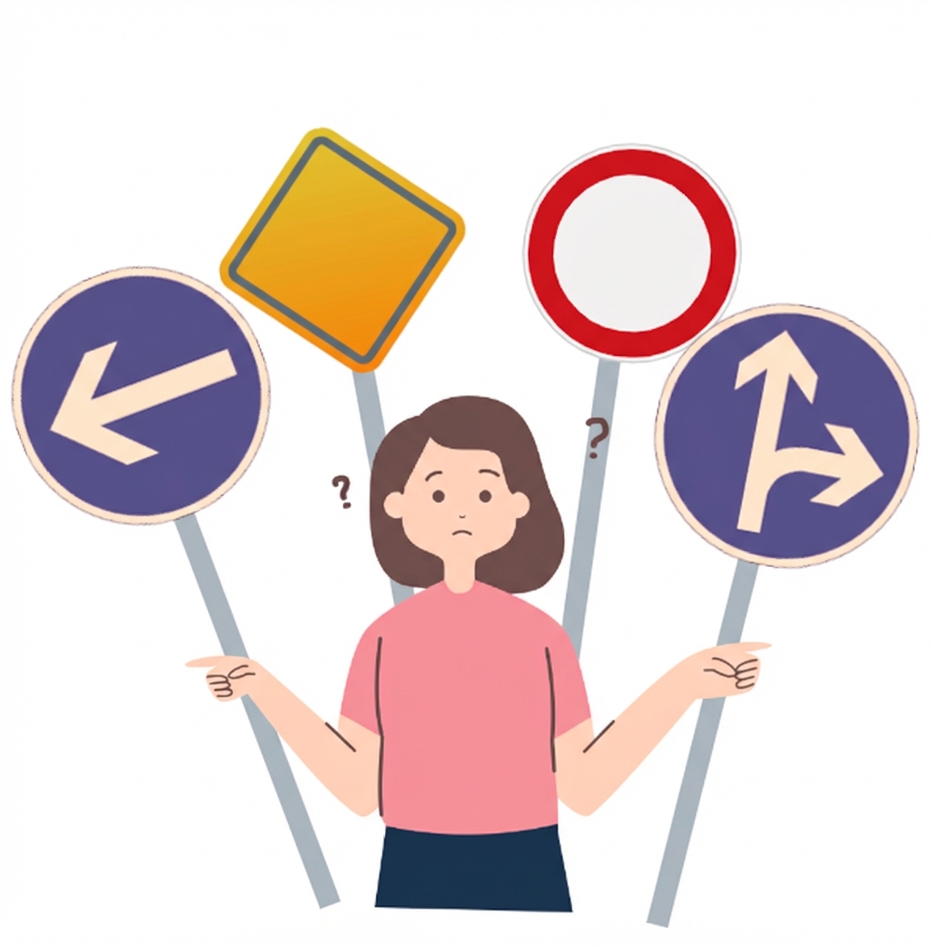 Vrouw die een beslissing neemt bij het zien van verschillende paden.