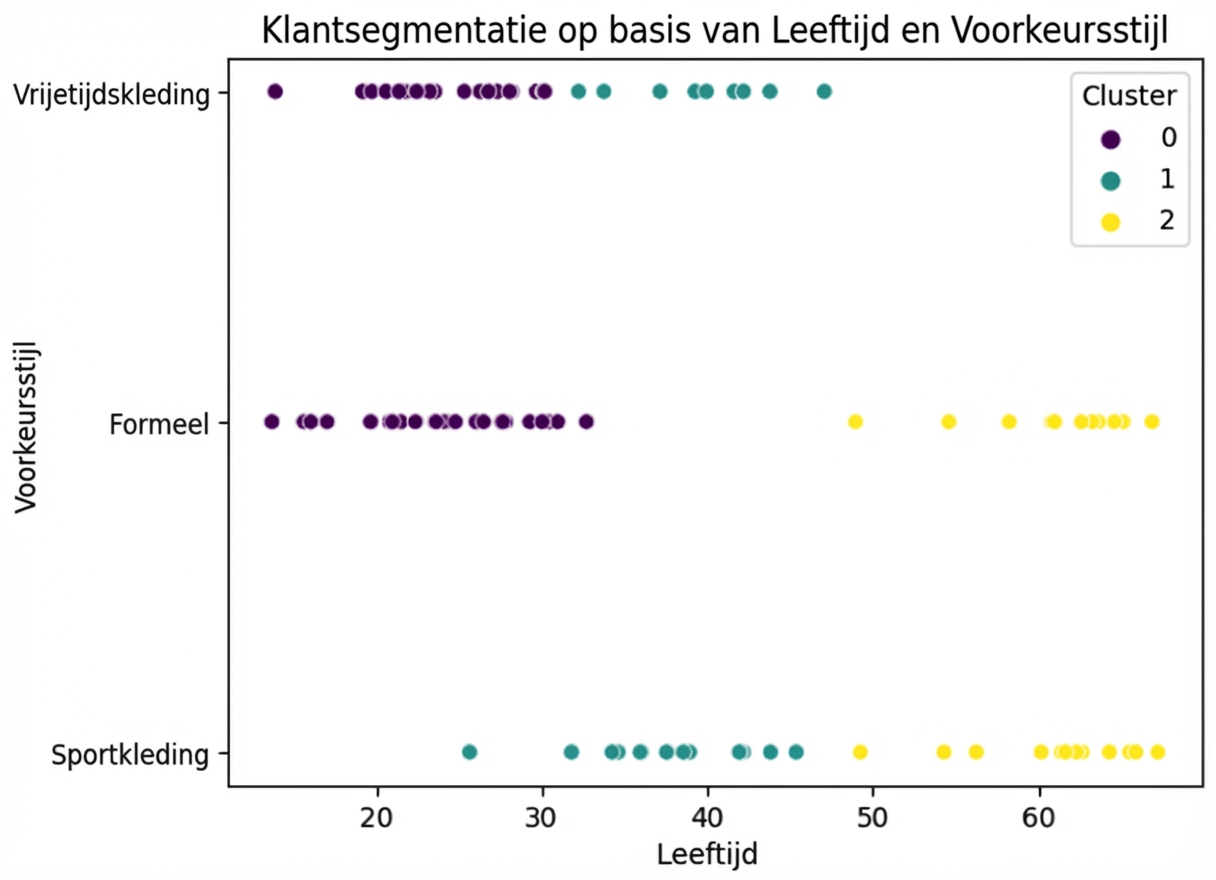 Spreidingsplot die leeftijd en voorkeursstijl vergelijkt