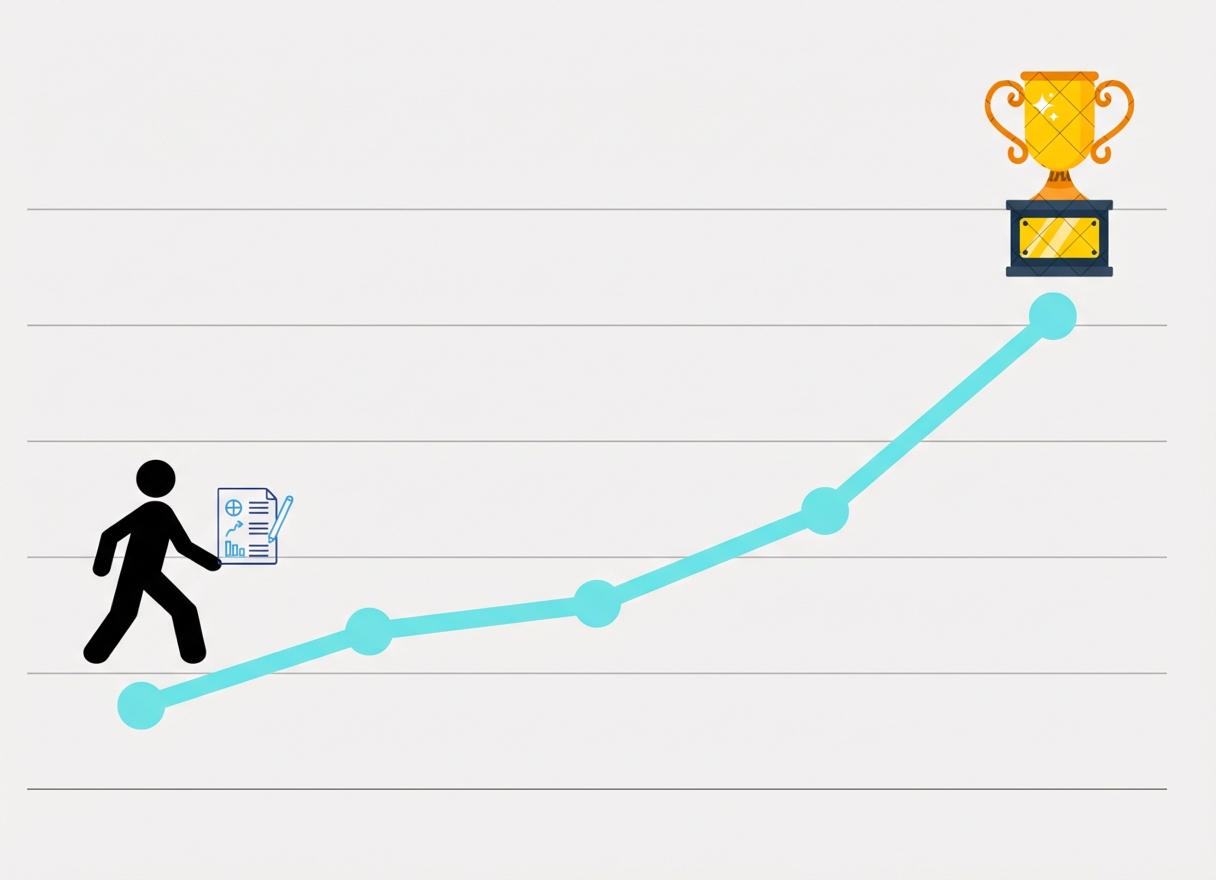 Lijngrafiek met stijgende trend; een persoon met analysepapier loopt omhoog op de lijn, met een trofee bovenaan.
