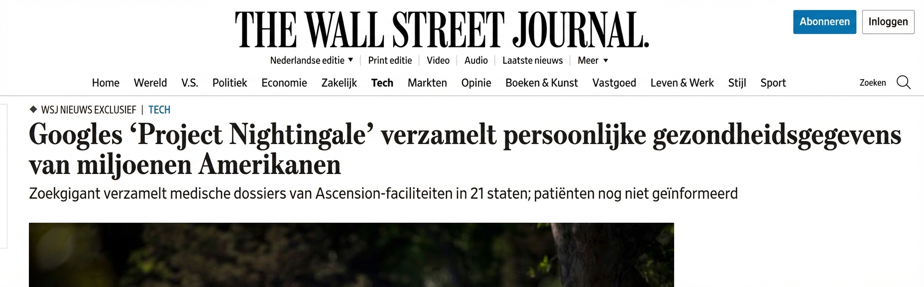 Schermafbeelding van WSJ-berichtgeving over Googles Project Nightingale