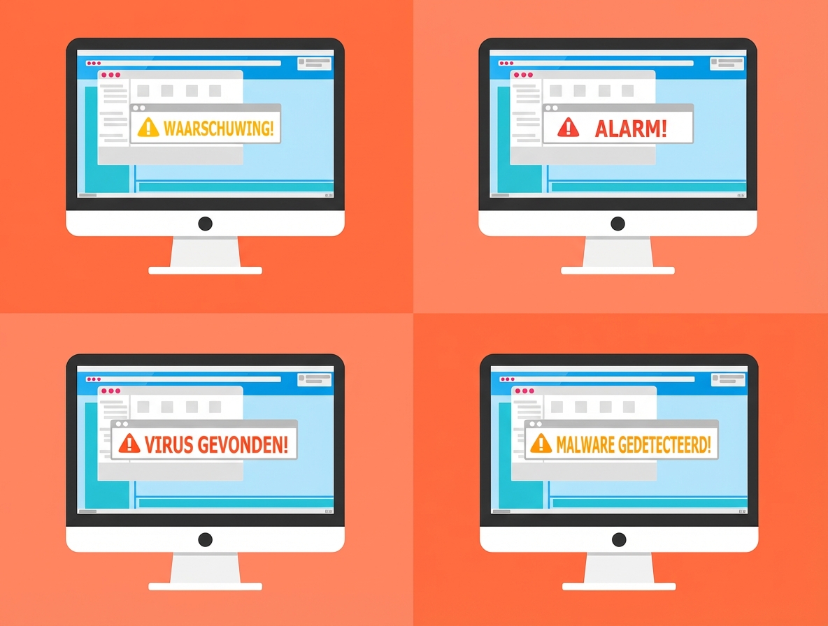 Illustratie van een datalek met vier computers met waarschuwingen: warning, alert, virus found, malware detected.