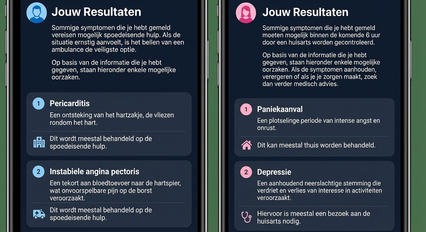 Screenshot van een diagnose in een zorgapp voor hartaanvalsymptomen bij mannen en vrouwen.
