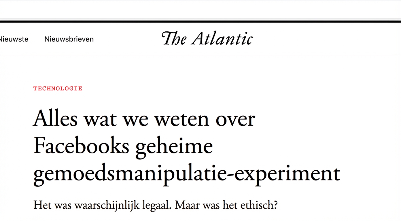Schermafbeelding van een online artikel in The Atlantic over Facebooks manipulerende sociale experiment.