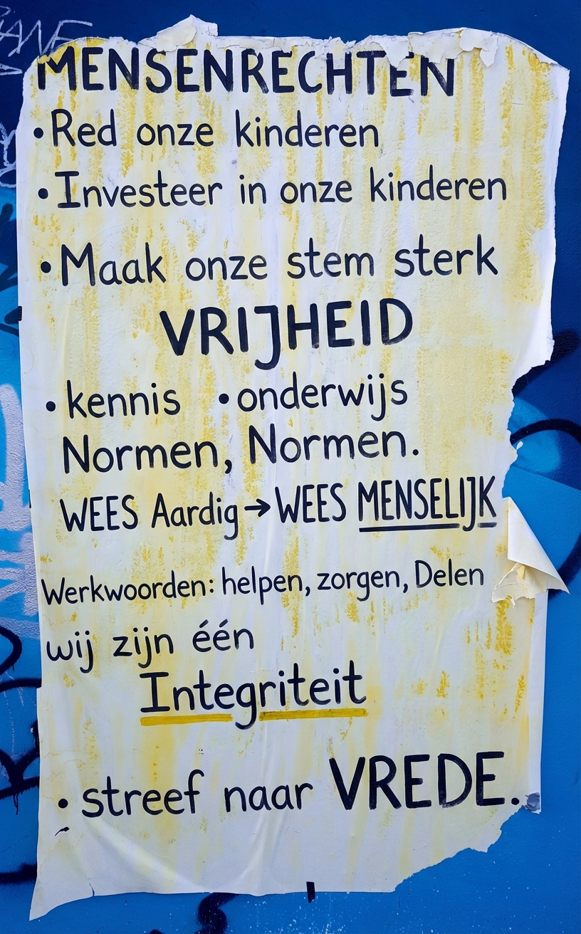 Foto van een gescheurde poster op een muur met ethische verklaringen.