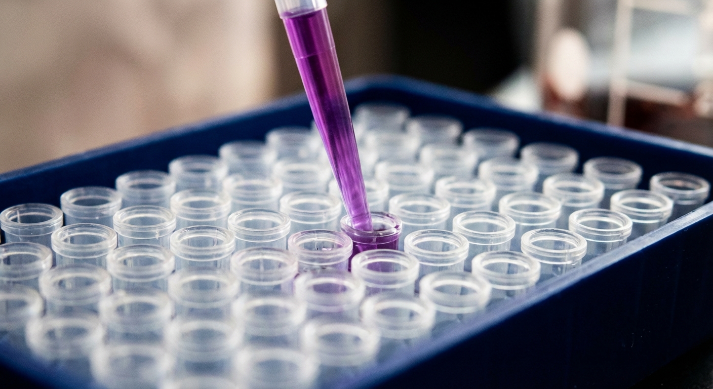 Foto van buisjes en een roze pipet in een farmalab.