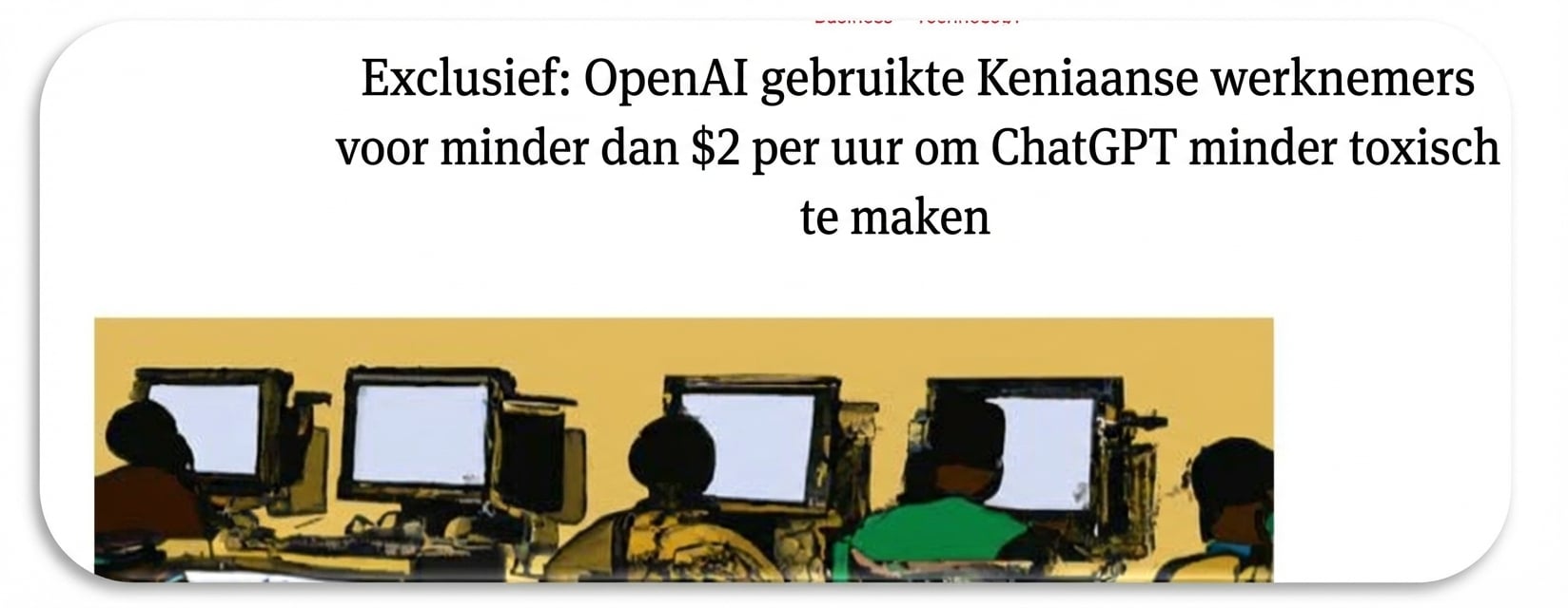 Screenshot van een TIME-artikel over uitbuiting van Keniaanse werknemers tijdens datacleaning en -labeling voor ChatGPT.