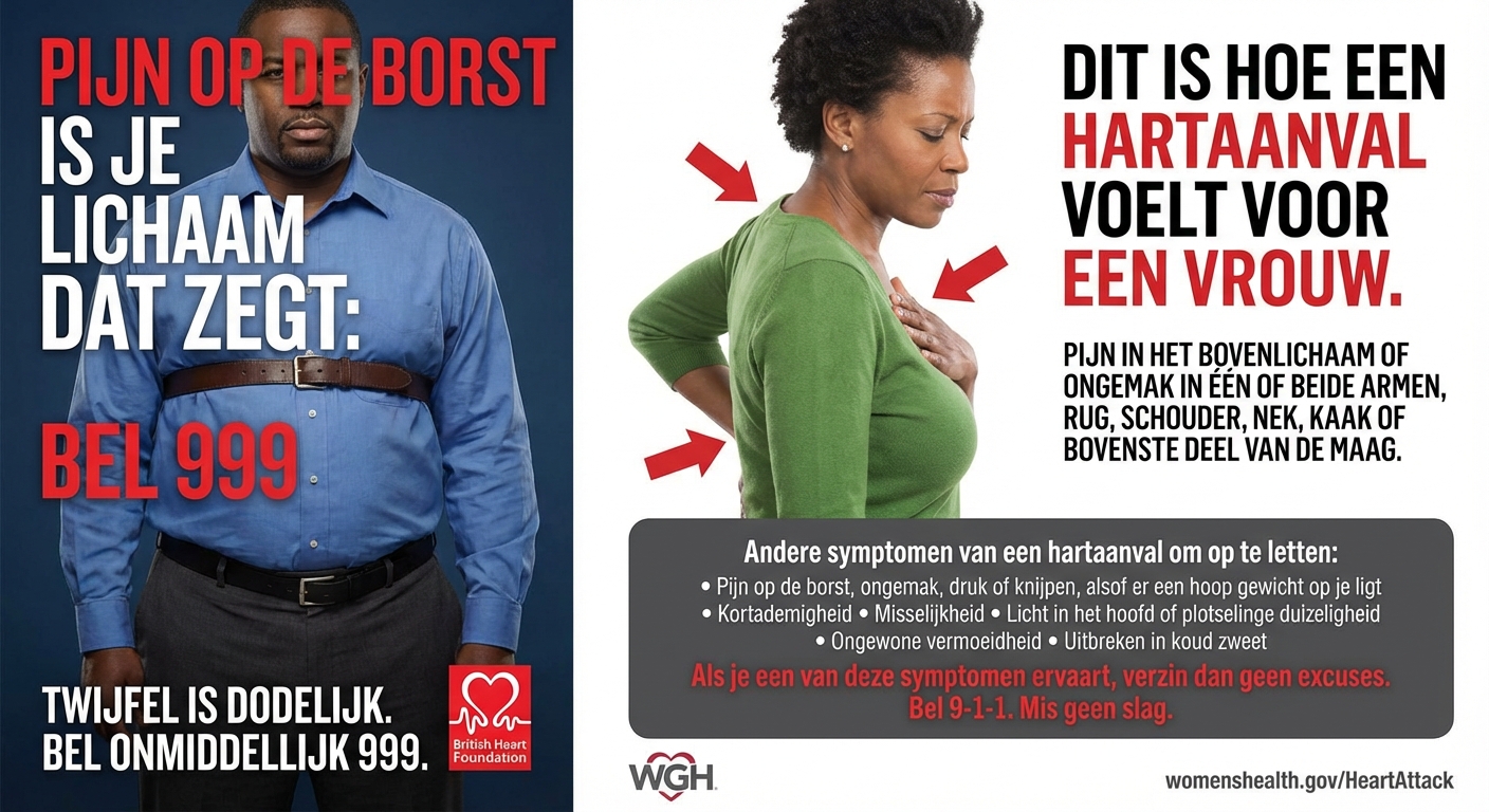 Illustratie van verschillende hartaanvalsymptomen: man met borstdruk en vrouw met rugpijn.