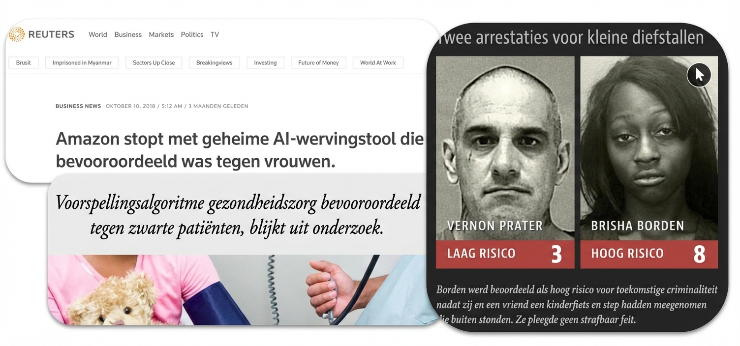 Een collage met nieuwsberichten over discriminatie door AI-algoritmen