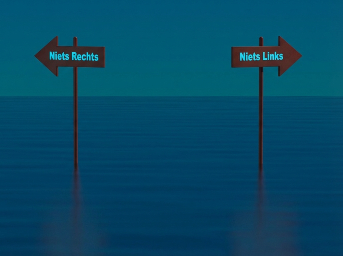 Illustratie van twee tegengestelde wegwijzers in zee, die de complexiteit van ethische keuzes tonen, geen naamsvermelding nodig.