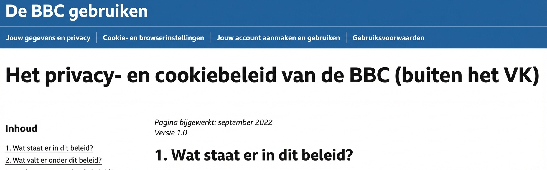 Screenshot van het BBC-privacybeleid.