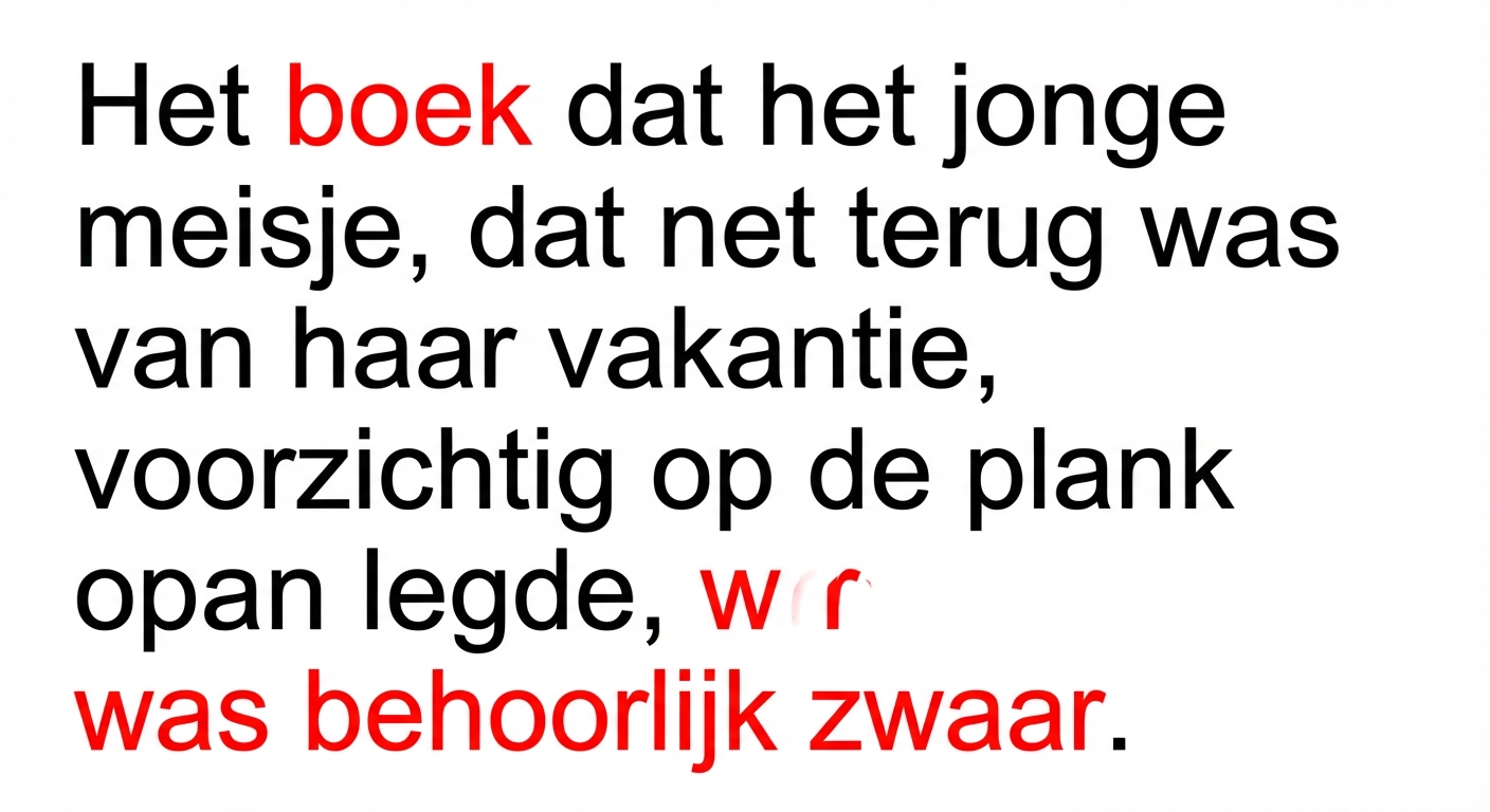 Een voorbeeld van langeafstandsafhankelijkheid: "The book that the young girl, who had just returned from her vacation, carefully placed on the shelf was quite heavy."