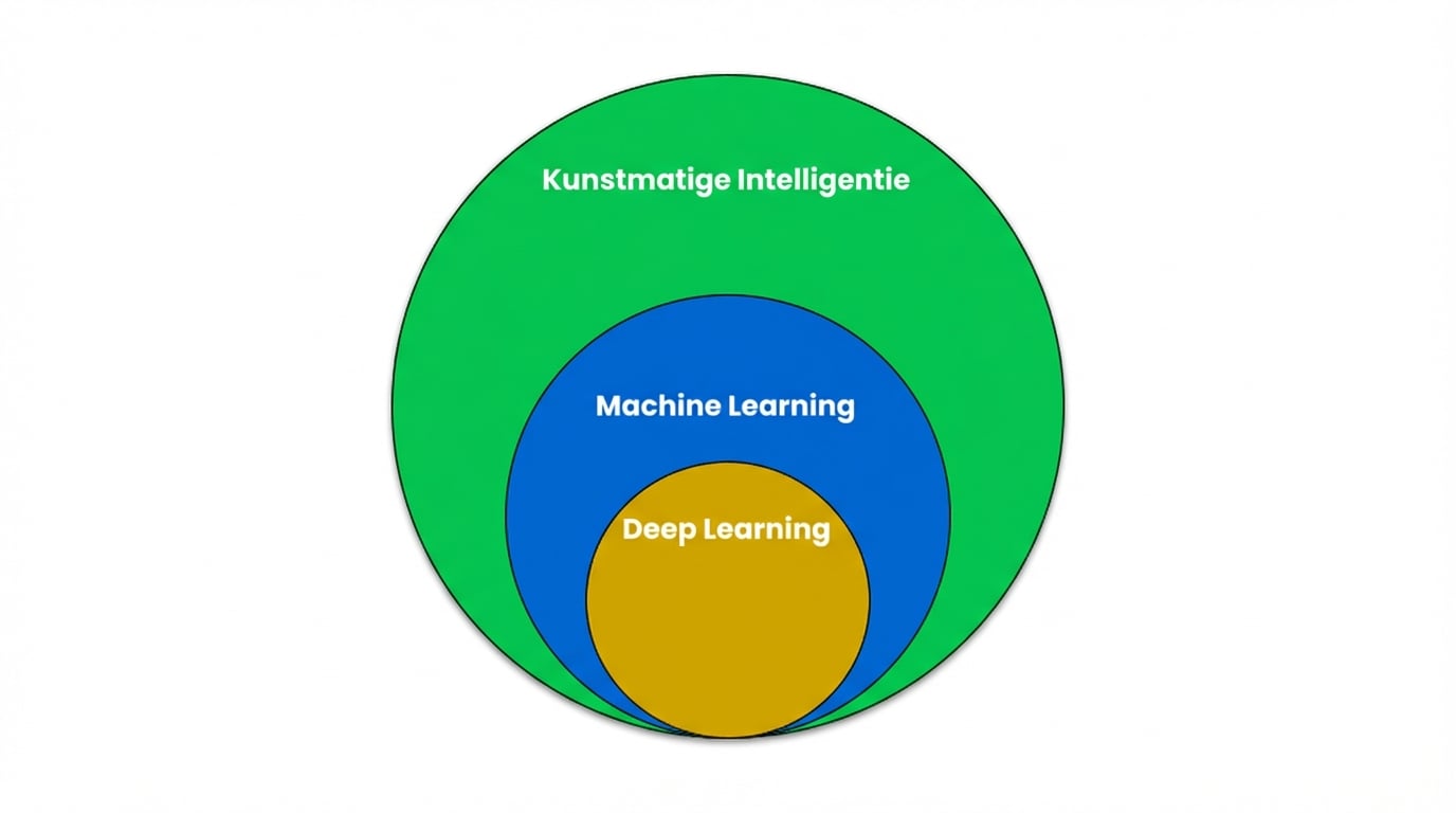 Een Venn-diagram dat laat zien dat Machine Learning een subset is van Artificial Intelligence, en Deep Learning een subset is van Machine Learning.