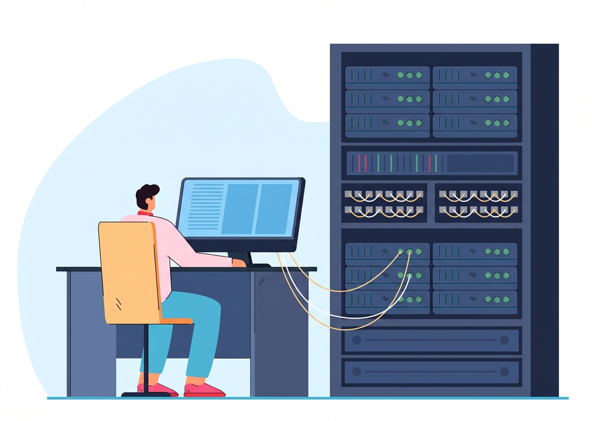 Man werkt op een computer aangesloten op grote server