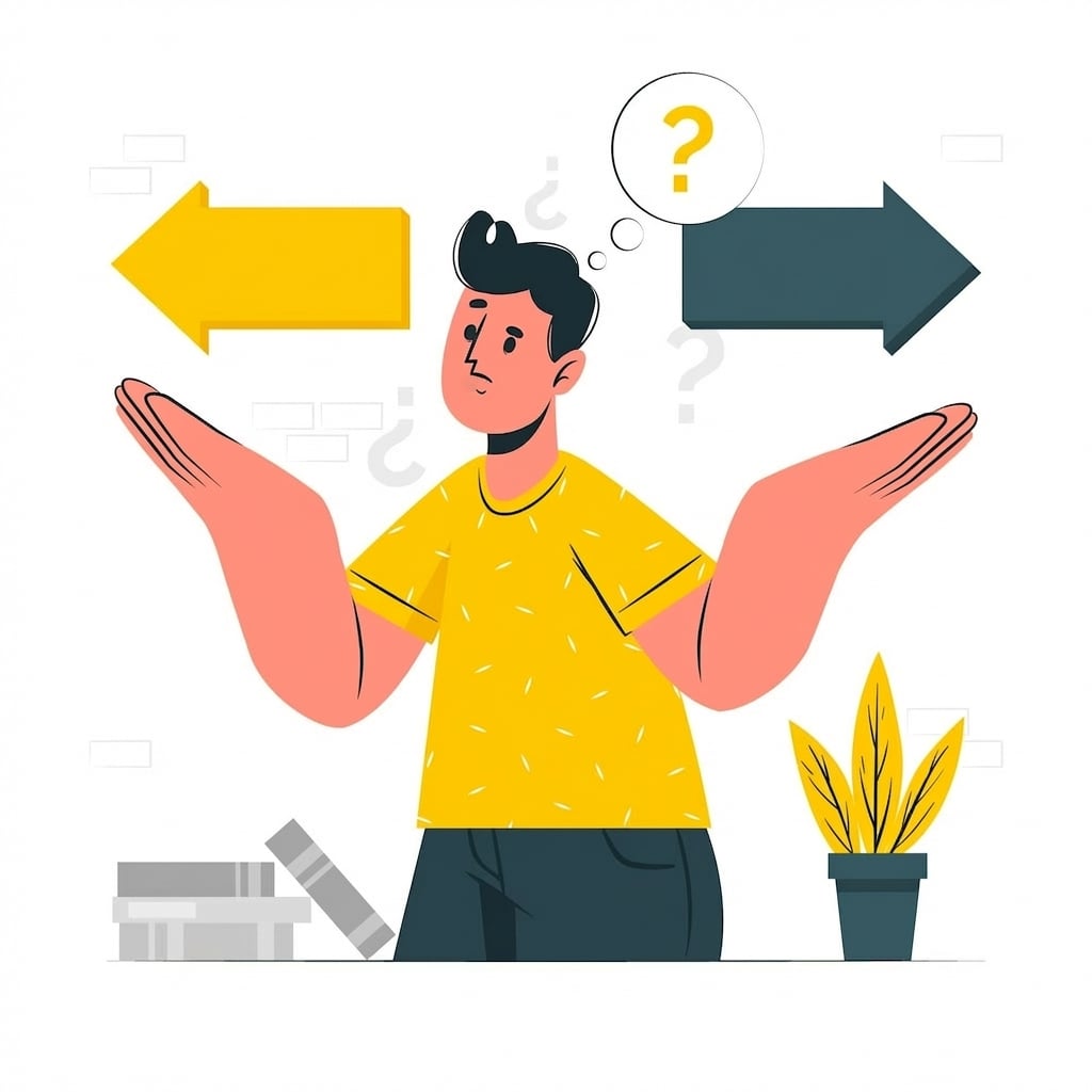 Illustratie van een persoon met twee pijlen in tegengestelde richtingen en een vraagteken boven het hoofd.