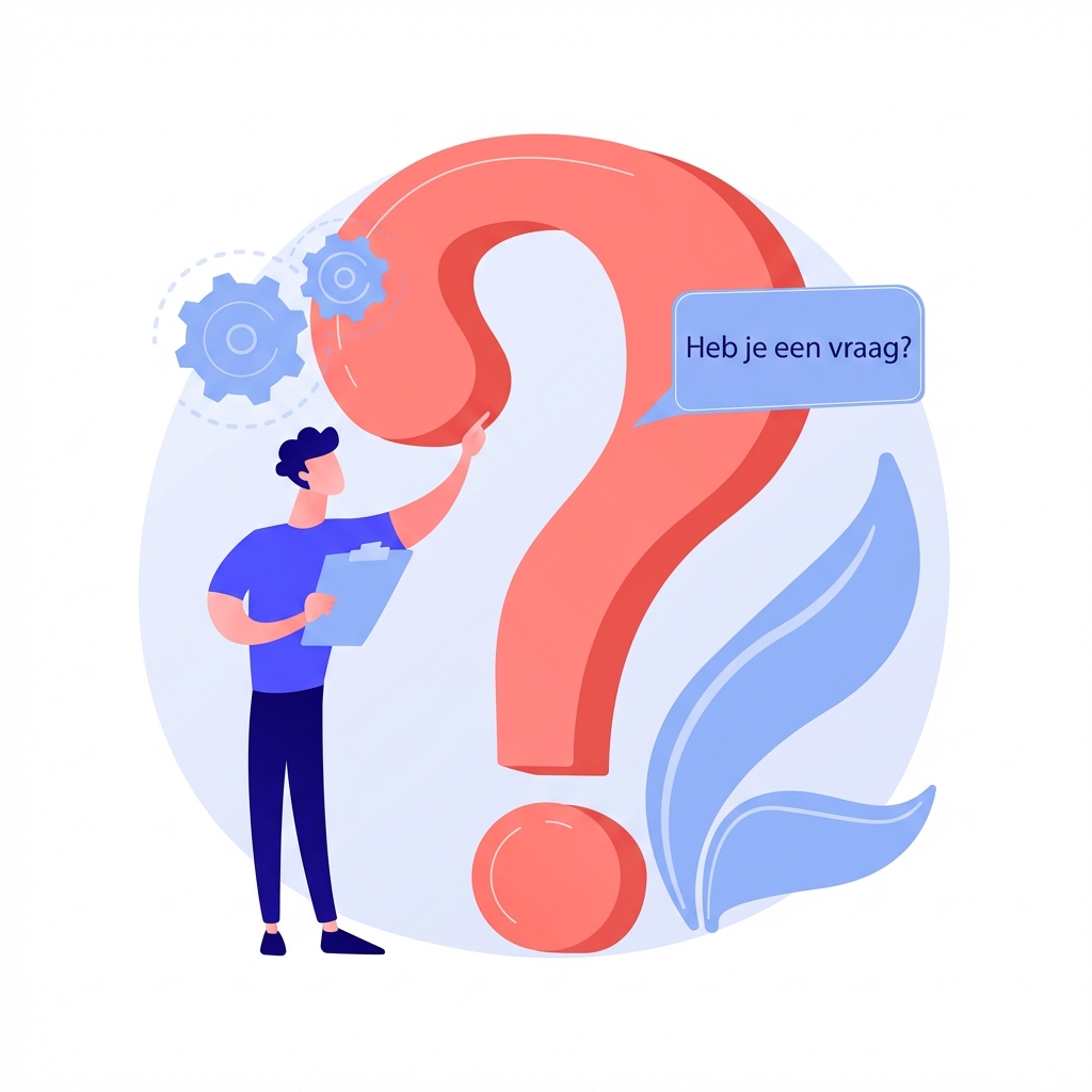 Iemand met een klembord wijst naar algemene tekst en een groot vraagteken