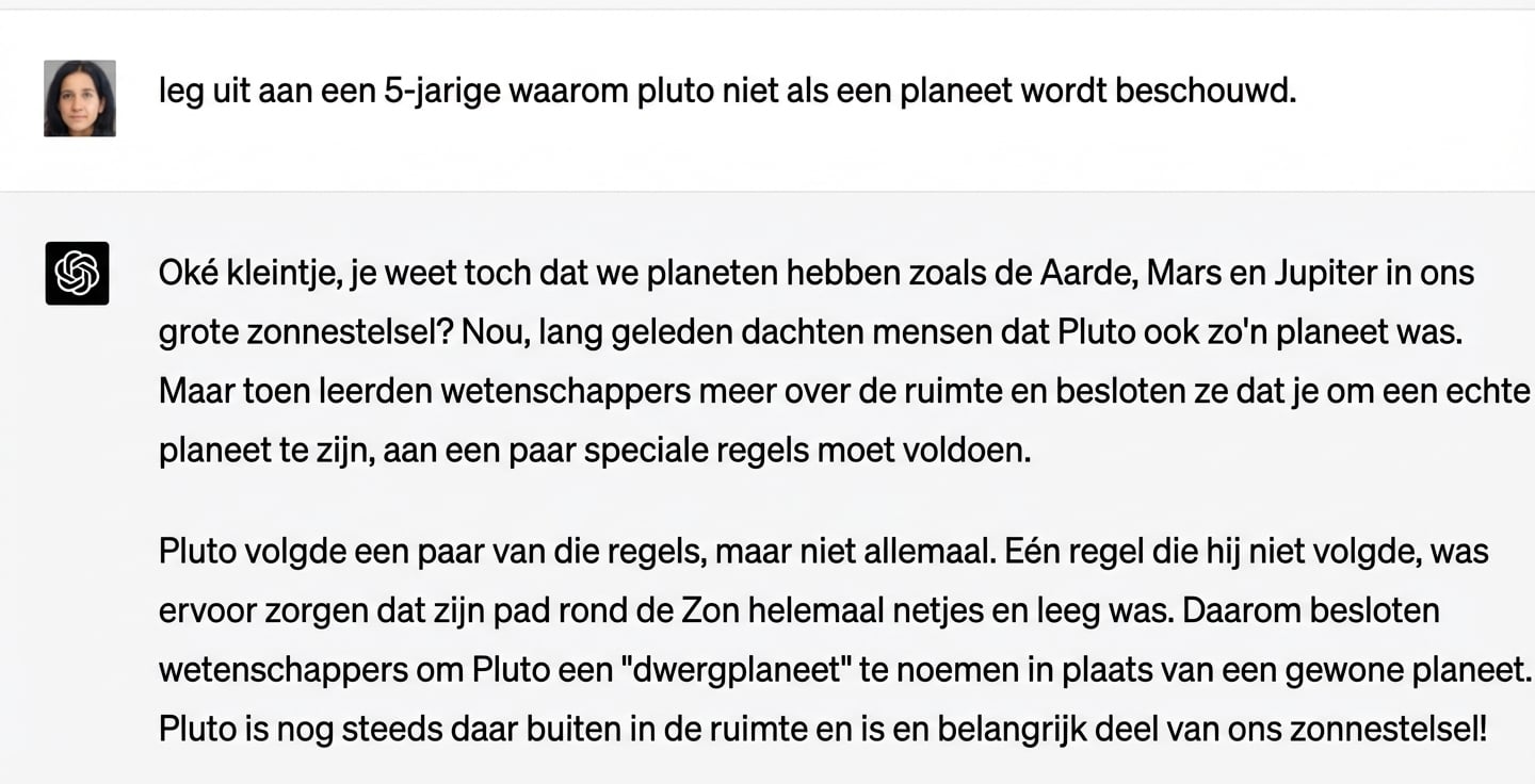 Een voorbeeldchat die uitlegt waarom Pluto niet meer bij het zonnestelsel hoort aan een 5‑jarige.