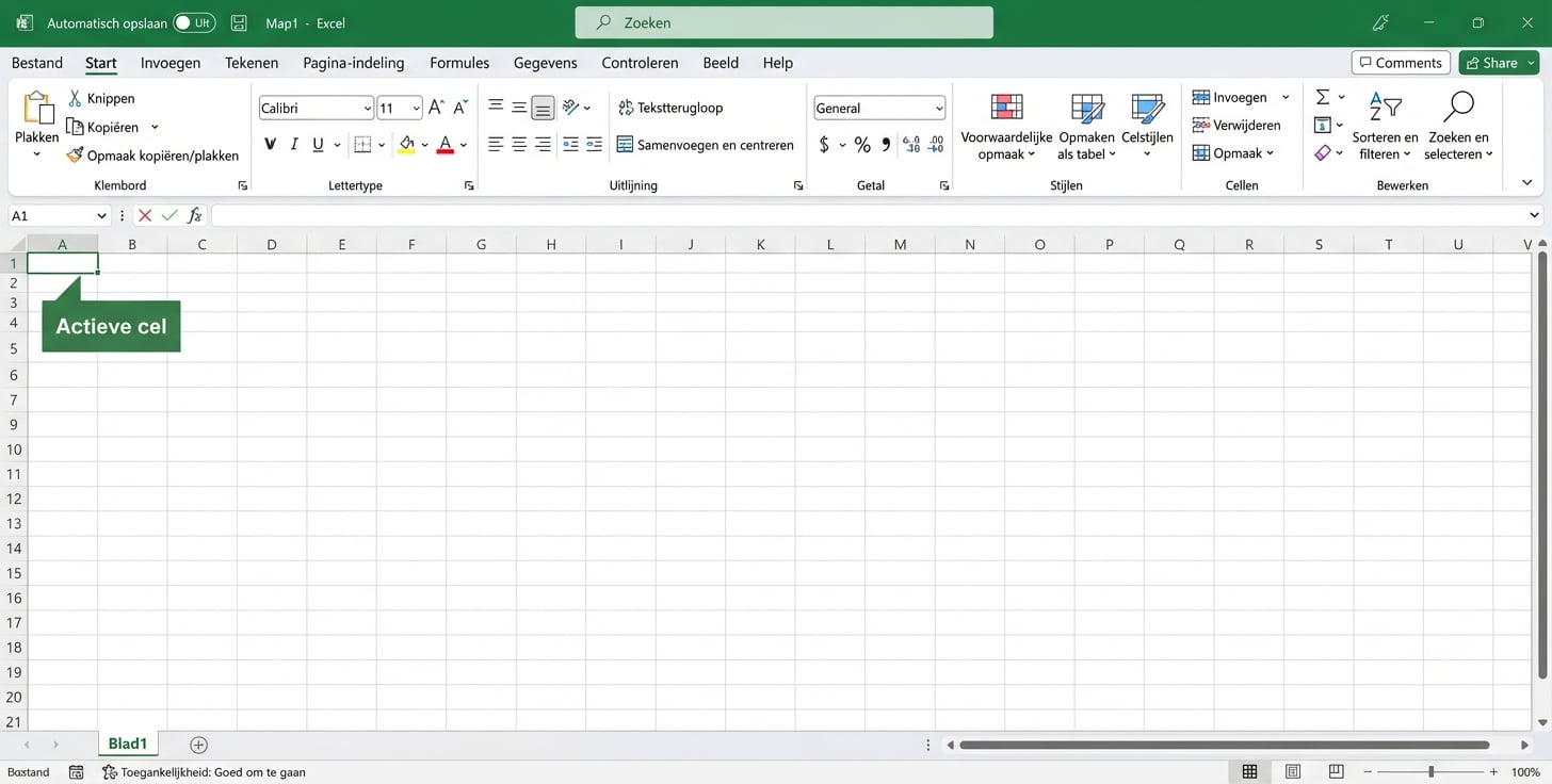 Excel-bestand met de actieve cel gemarkeerd