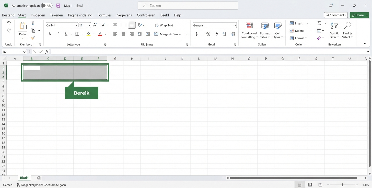 Excel-bestand met een geselecteerd bereik gemarkeerd