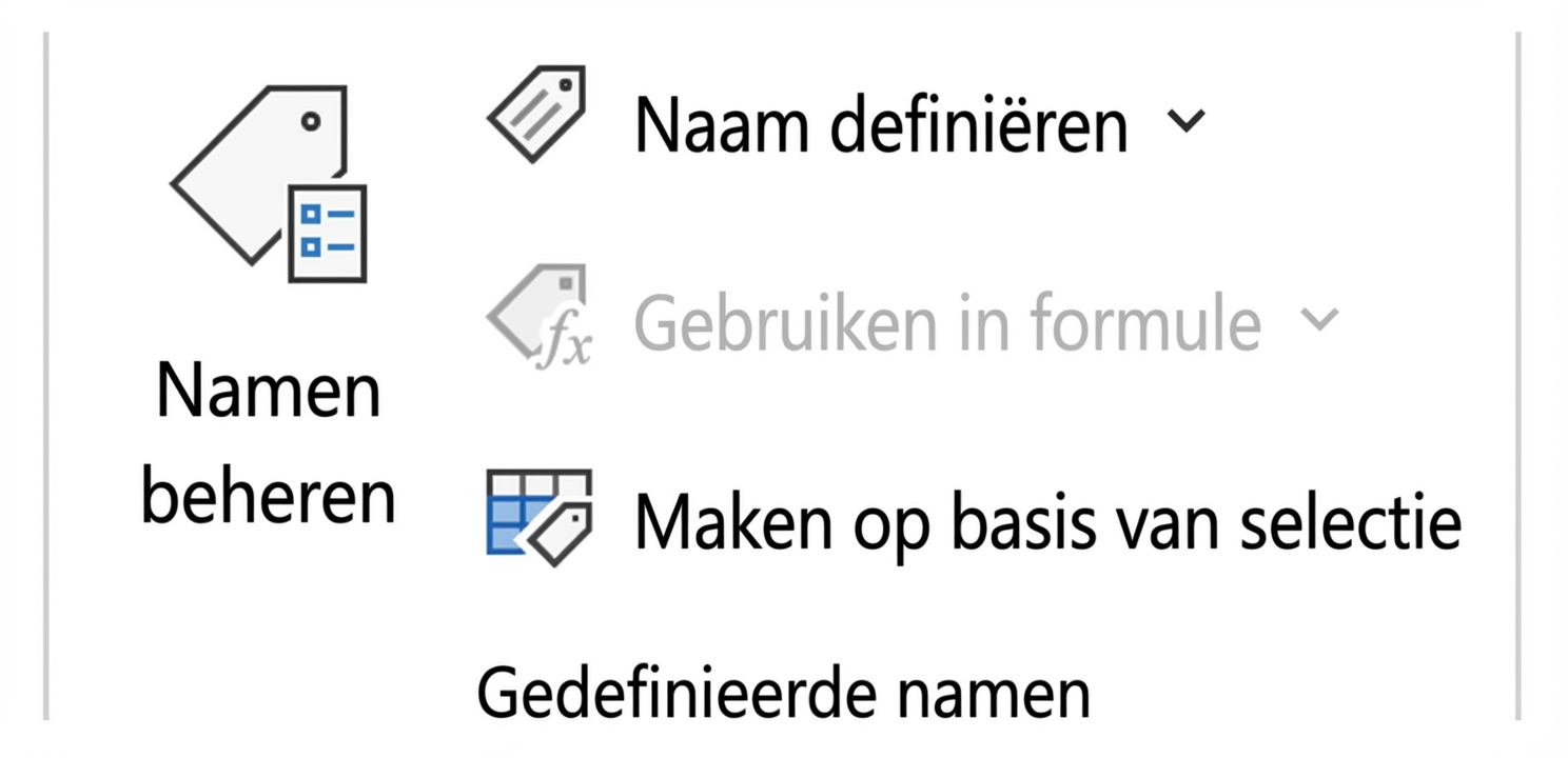 Afbeelding met Excel-functies voor het benoemen van celselecties.
