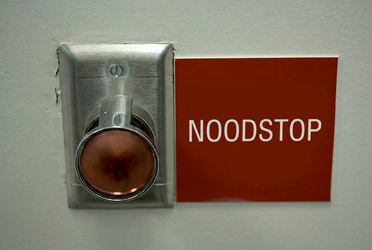 Afbeelding van een grote rode knop met een bordje "Emergency power off" ernaast