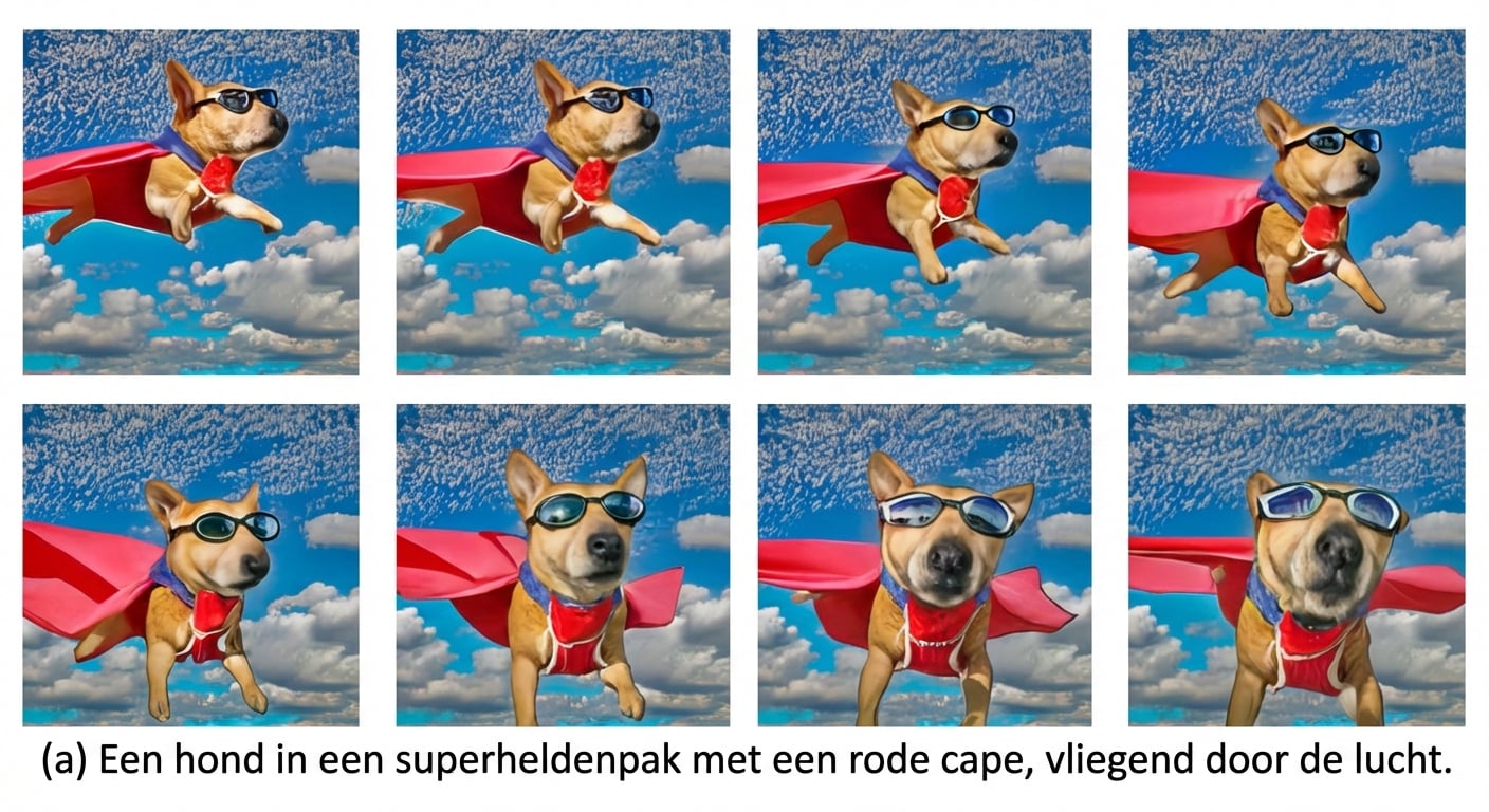 Frames van een door AI gegenereerde video van een vliegende hond